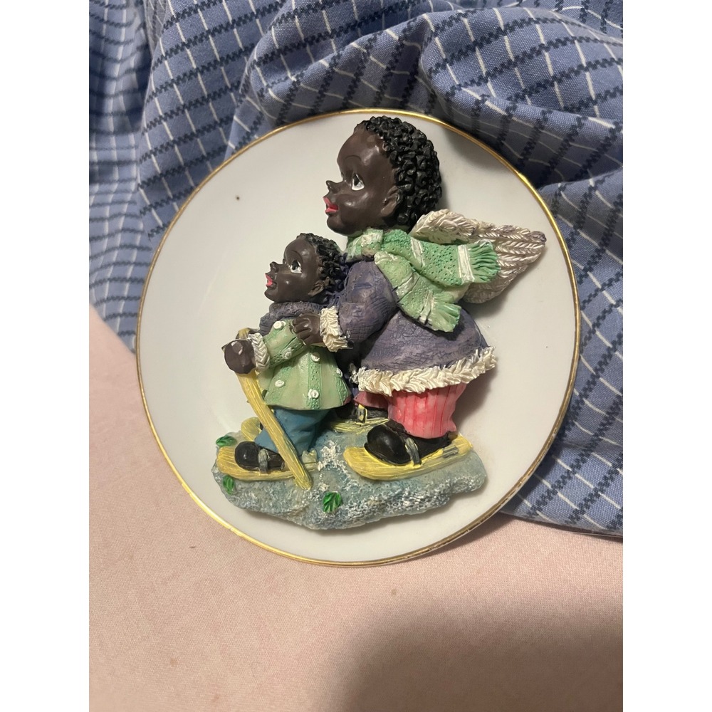 Vintage 3D Relief Miniature Plate Black Angel Children Snowshoeing 4" Gold Rim